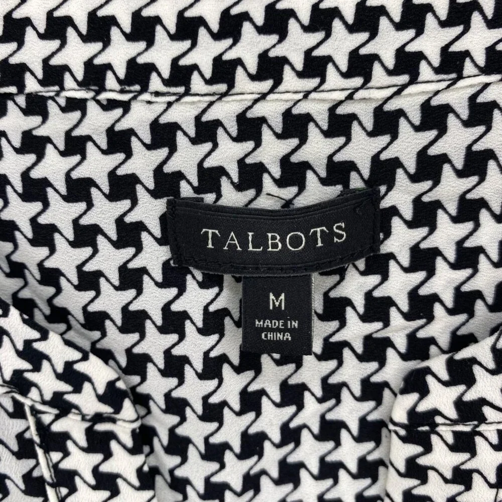 Talbots Top Women Medium Ivory Black Geometric Popover Long Sleeve V Neck Blouse